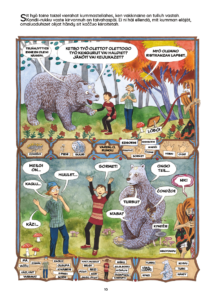 Sarjakuvasanakirjan sivu, jossa päähenkilöt tapaavat toisensa eli poika ja tyttö tapaavat karhun ja he vertailevat toinen toisiaan.
