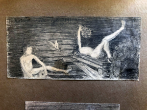Mustavalkoinen piirrustus kahdesta ihmisestä saunassa
