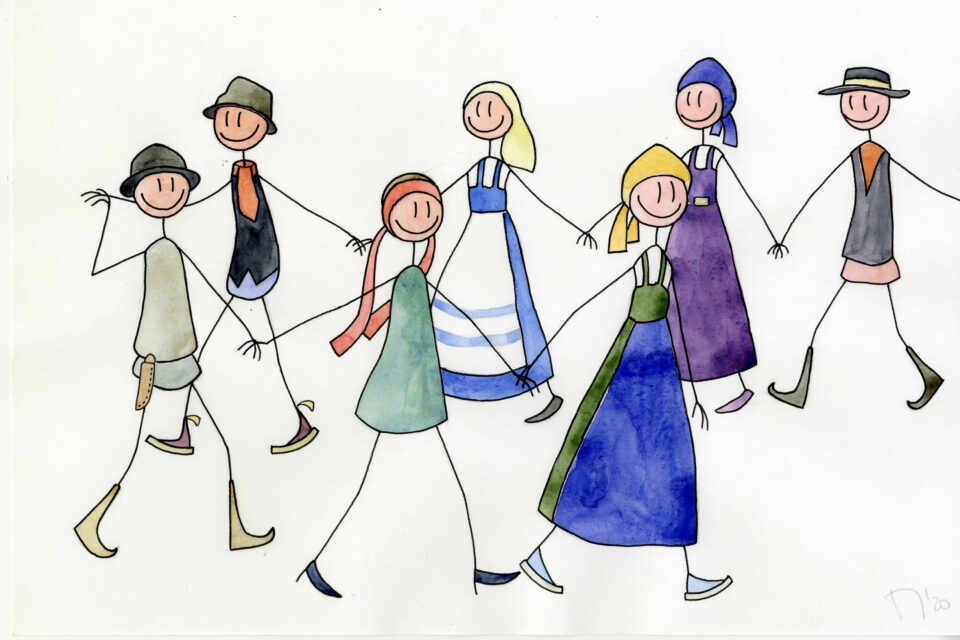 Piirroshahmojen joukko kävelee käsi kädessä
