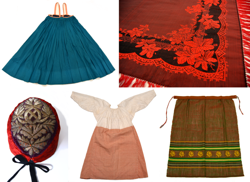 Viisi erilaista karjalaista perinne asua. Yksi päähine, yksi silkkihuivi, yksi esiliina, yksi hame, yksi mekko