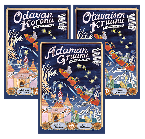 Kolme sarjakuvasanakirjaa, joiden kuvitus on identtinen, mutta teksti karjalan eri murteilla.