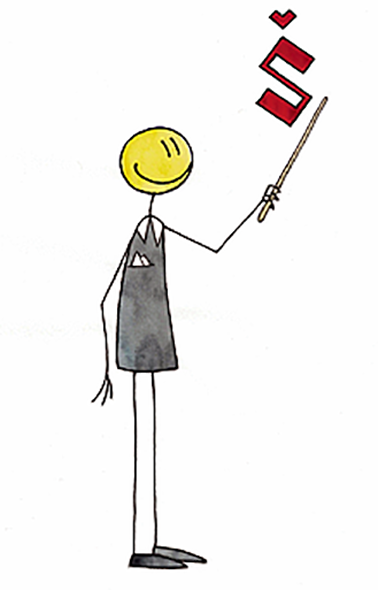 Piirretty opettajahahmo, jolla on karttakeppi ja karttakepin päällä on hatullinen s-kirjain