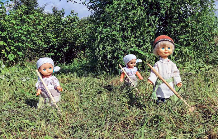 Kolme nukkea pellolla haravoiden kanssa