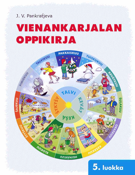 Vienankarjalan oppikirja jossa on kuvattu vuodenajat ja kuukaudet ympyränmuotoisessa kuvassa