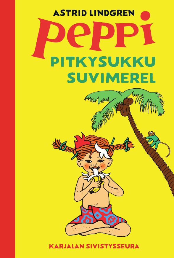Keltainen kirjan kansi, jossa tyttö syö banaania palmun vierellä