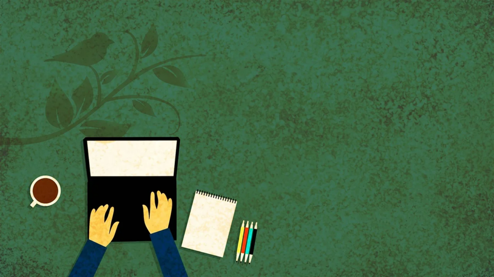 Piirroskuva kannettavasta tietokoneesta jonka päällä on kädet ja vieressä muistivihko ja kahvikuppi. Vihreä tausta.