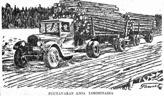 Mustavalkoinen piirros autosta, joka kuljettaa tukkeja