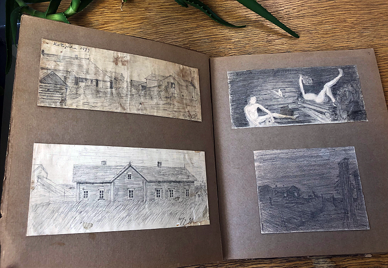 Vihkon aukeama, jossa on neljä mustavalkoista piirrosta