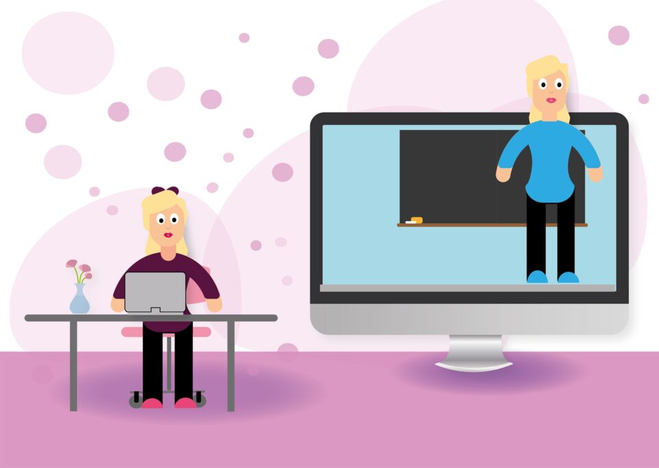 Piirretty kuva kahdesta hahmosta, joista toinen on telkkarin ruudulla ja toinen on pöydän äärellä kannettavan tietokoneen kanssa