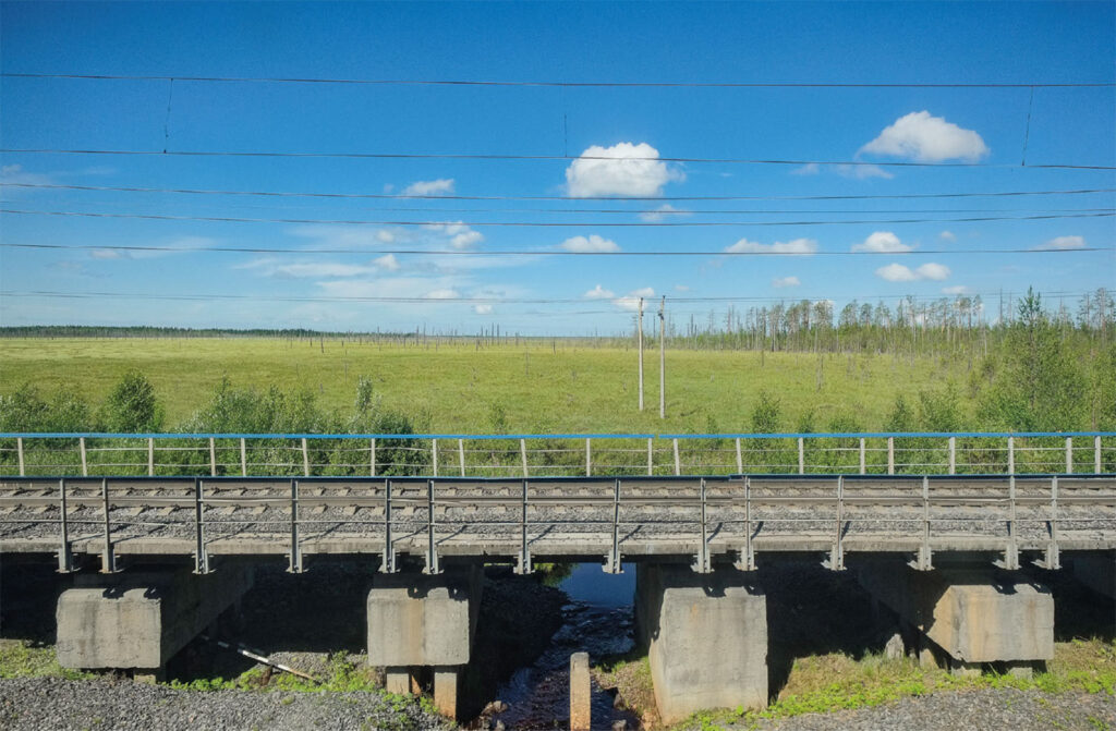 Junan ikkunasta kuvattu suo radanvarressa.