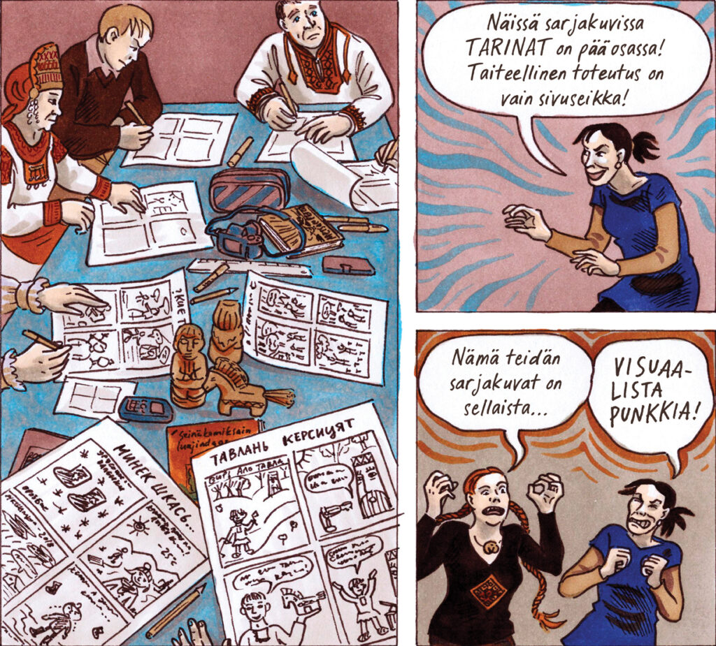 Kolme sarjakuvaruutua, josta ensimmäisessä ryhmä ihmisiä piirtää pöydän ääressä sarjakuvaa. Toisessa ruudussa ryhmän ohjaaja sanoo kiihkeän näköisenä: "Näissä sarjakuvissa TARINAT on pääosasssa! Taiteellinen toteutus on vain sivuseikka!" Kolmannessa ruudussa toinenkin ohjaaja täydentää ensimmäisen puhetta: "Nämä teidän sarjakuvat ovat sellaista..." "VISUAALISTA PUNKKIA!"