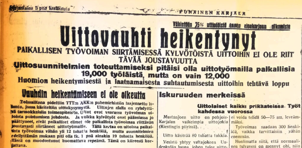Kellastunut lehtileike, jonka otsikkona: "Uittovauhti heikentynyt"