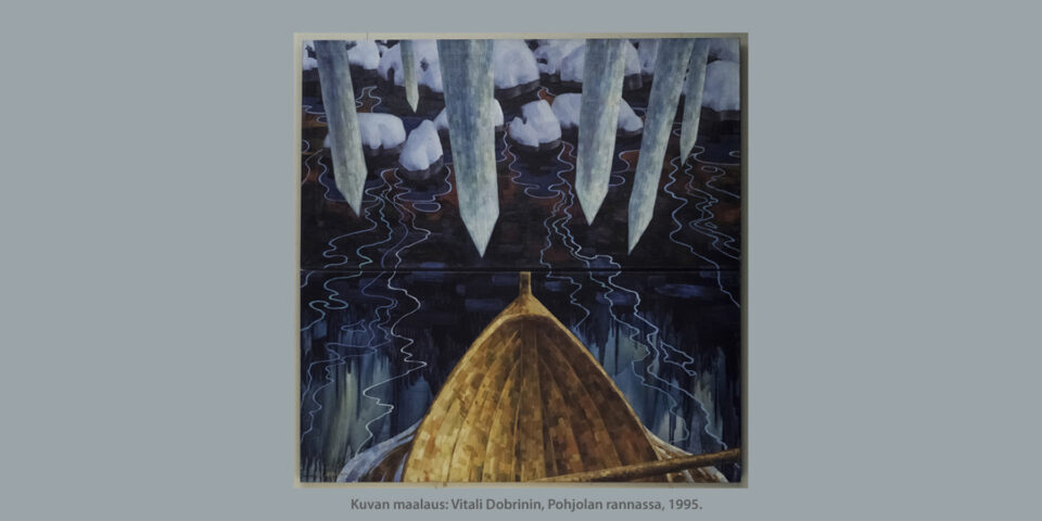 Kuvassa tummasävyinen öljymaalaus, jonka alaosassa on puuveneen keula, sen yläpuolella suuret jääpuikot osoittavat kohti venettä.