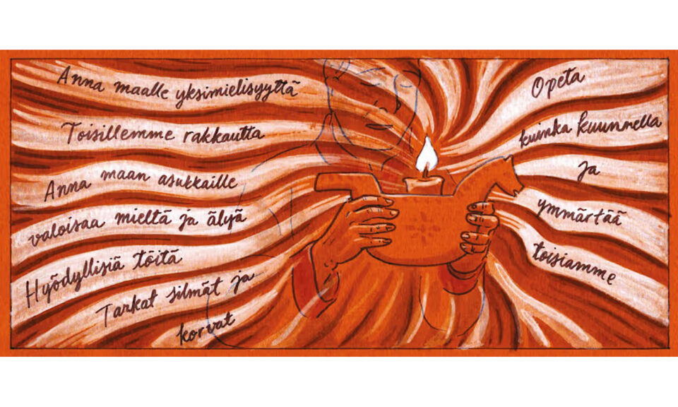 Kuvassa on piirros, jossa ihminen kynttilä kädessään ja kauniita sanoja.