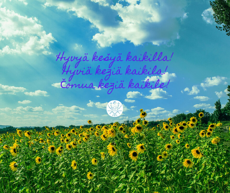Kesäinen maisema, jossa kirkkaalla sinisellä taivaalla vaaleita poutapilviä ja auringonkukkapelto. Taivaalle on liitetty teksti: Hyvyä kešyä kaikilla! Hyviä keziä kaikila! Čomua keziä kaikile!