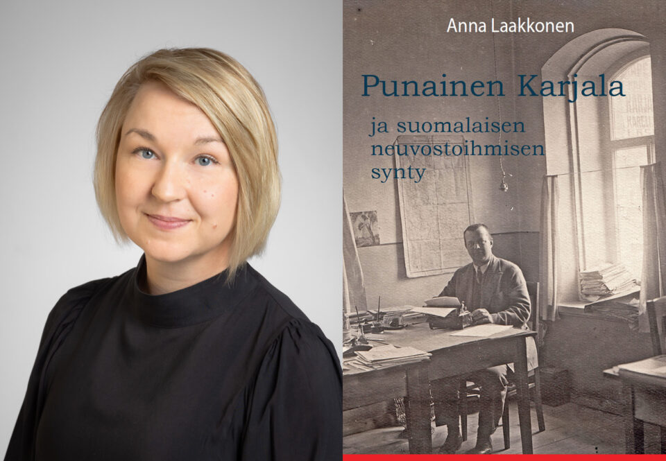 Kaksiosainen kuva, jonka vasemmalla puolella on nuoren vaaleatukkaisen, mustaan siistiin puseroon pukeutuneen naisen kevyesti hymyilevä kasvokuva. Kuva-alueen oikealla puolella on kirjan kansikuva: seepiansävyisessä kuvassa 1930-lukulaiseen pukuun ja kravattiin pukeutunut mies istuu pöydän ääressä, taustallaan suuri, korkea ikkuna. Pöydällä ja ikkunasyvennyksessä on isoja paperipinoja. Pöydällä miehen edessä on vanhanmallinen, pienehkö matkakirjoituskone.