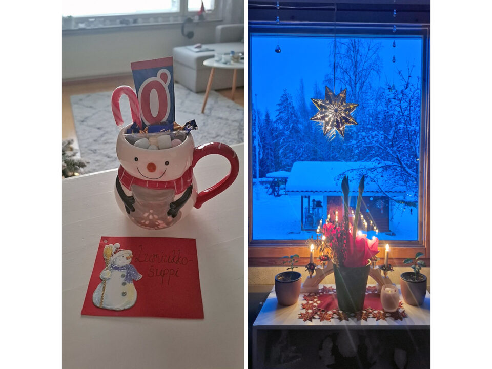 Kaksi rinnakkaista kuvaa: vasemmanpuoleisessa on lumiukon muotoinen muki, josta pilkistää tikkareita ja muita namuja. Mukin edessä pöydällä on punainen kartonkikortti, jolle on liimattu lumiukon kuva, jonka vieressä on teksti: "Lumiukkošuppi". Oikeanpuoleisessa kuvassa on ikkunan sisäpuolelta kuvattu pihanäkymä illansuun siniseen hetkeen. Sisäpuolla ikkunan edessä on amaryllis ja joulukynttelikkö, ikkunassa roikkuu valaistu perinteinen metallinen joulutähti. Ulkona pihalla näkyy puita, leikkimökki, lunta leikkimökin katolla, maassa ja puiden oksilla.