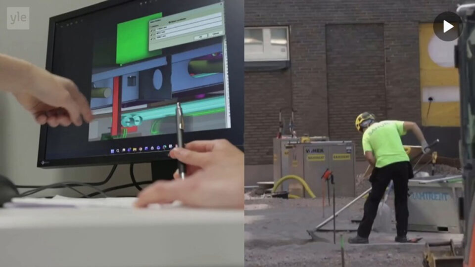 Kahteen osaan jaettu vaakakuvan pinta-ala: vasemmalla puolella kaksi kättä osoittelee tietokoneen näytöllä näkyviä graafefa, oikealla puolella kypäräpäinen, neonvihreään t-paitaan pukeutunut mies levittää hiekkaa asfalttipihalle, taustalla korkea, tummansävyinen tiiliseinä.