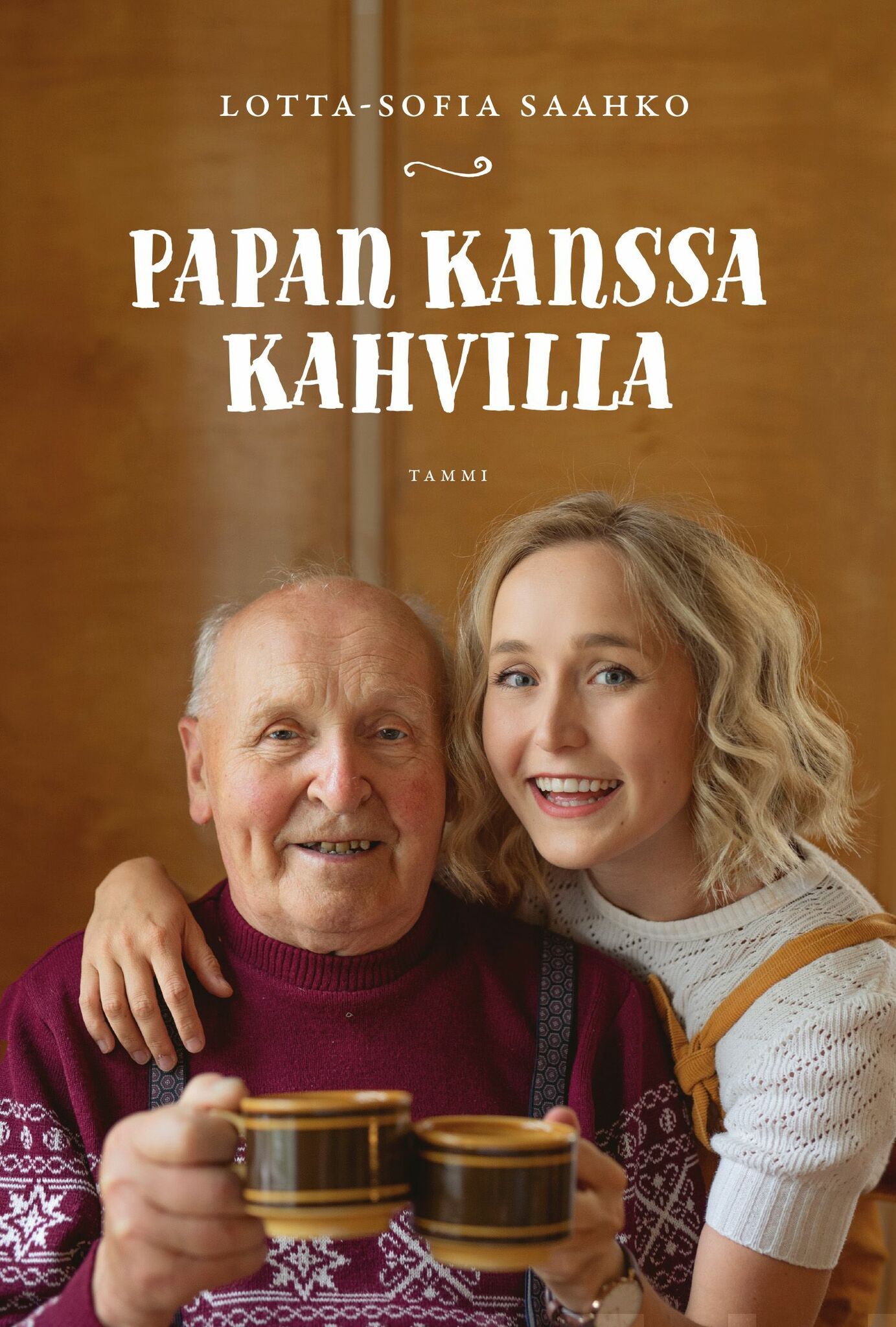 Kirjan kansi jossa nuori nainen ja vanha mies pitelevät kahvikuppeja