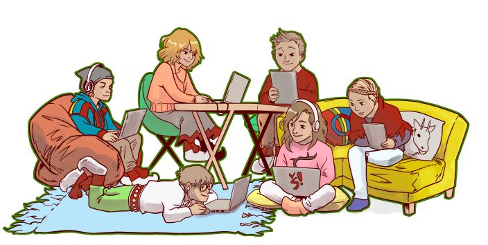 Piirroskuva, jossa kuusi lasta istuvat ja makaavat kannettavien tietokoneiden edessä ja opiskelevat