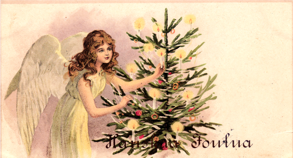 Piirroskuva enkelistä joka koristelee joulukuusta, alla lukee hauskaa joulua
