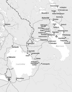 Mustavalkoinen Aunuksen karjalan kartta johon on merkitty kaupunkeja