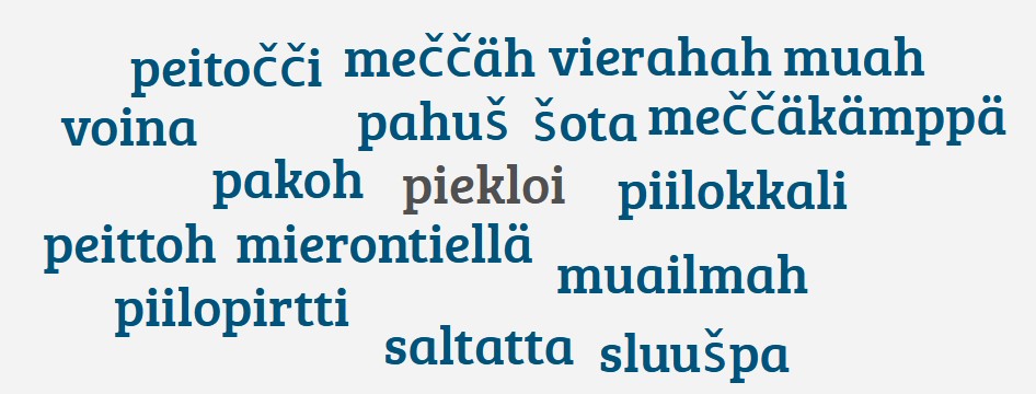 Eri karjalan kielen sanoja sinisellä fontilla