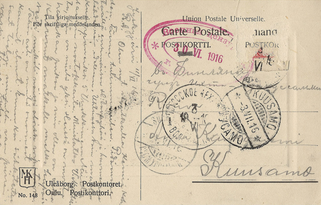 Vanha postikortti, jossa paljon tekstiä ja monia postileimoja.